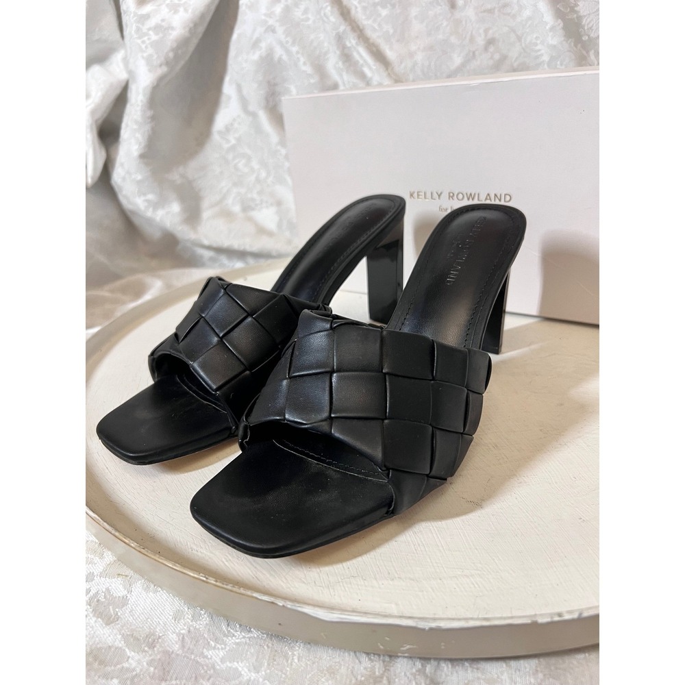 Kelly Rowland JustFab Aphrodite Black Woven Block Heel Mules Sandals Womens 8.5